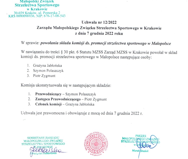 Uchwała 12/2022 w sprawie powołania komisji ds. promocji strzelectwa sportowego w Małopolsce
